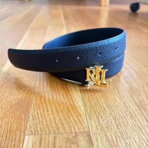 Ralph Lauren Brand New Black Leather Belt with Gold Logo Buckle